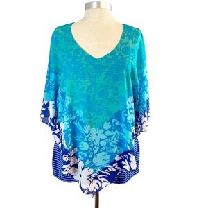Ruby Rd Womens XL Blue Floral Striped Layered Poncho Top V-Neck Chiffon Overlay